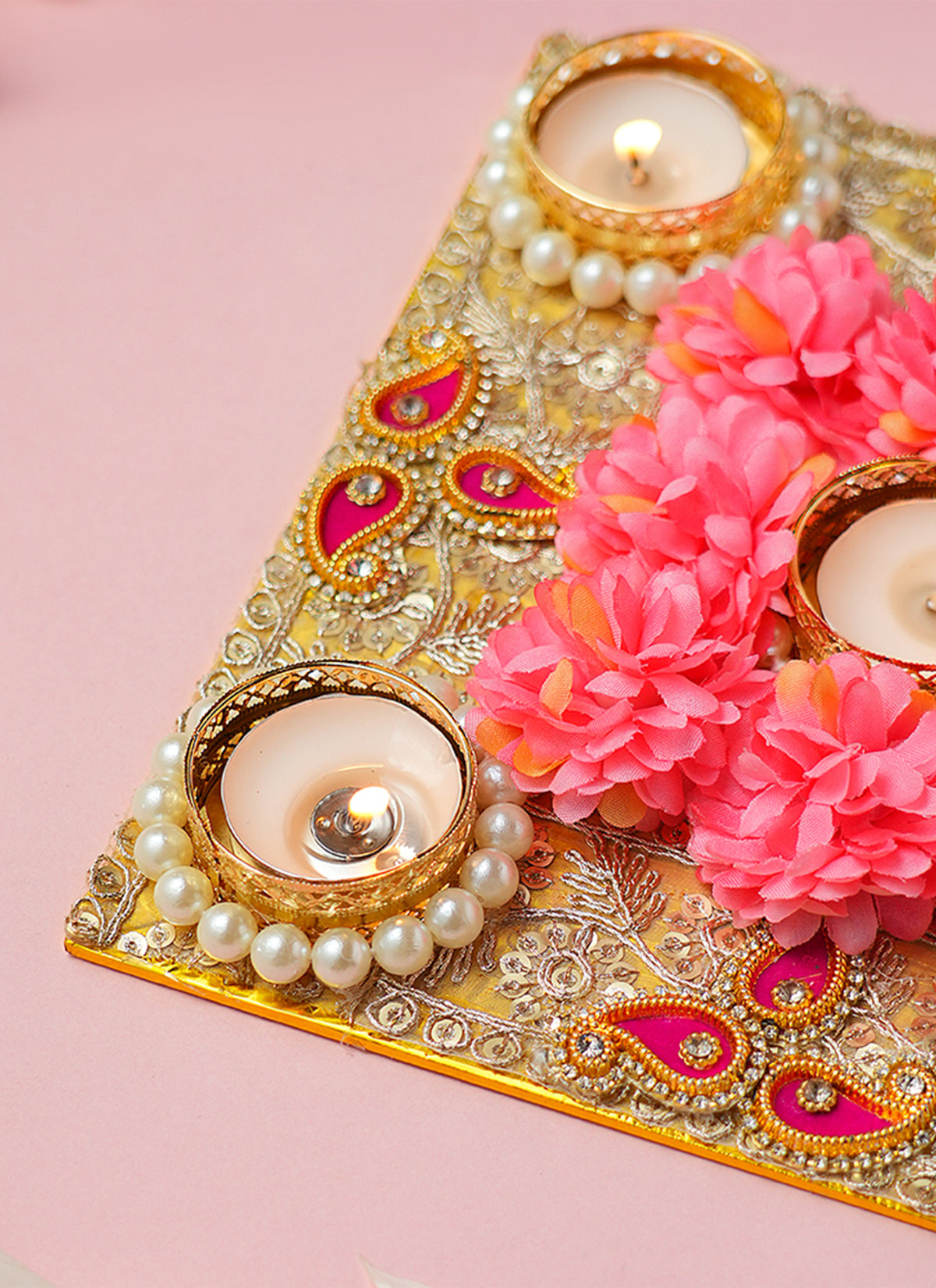 Madhoor Pearl Floral Tealight Holder Pink Gold-Tone 8 Inches