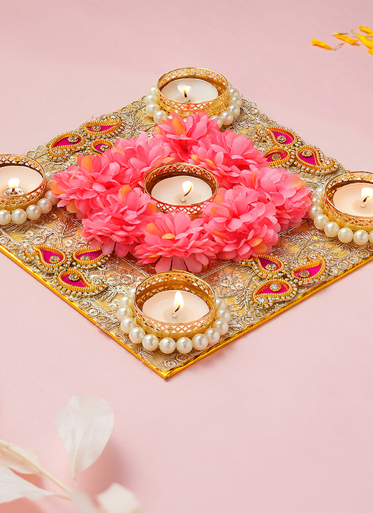 Madhoor Pearl Floral Tealight Holder Pink Gold-Tone 8 Inches