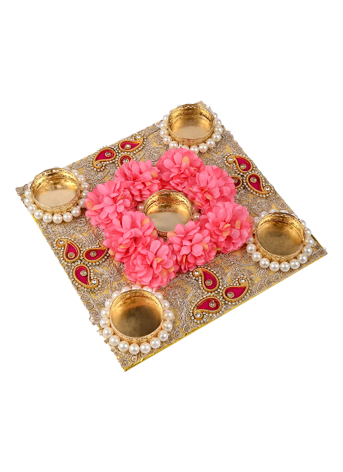 Madhoor Pearl Floral Tealight Holder Pink Gold-Tone 8 Inches