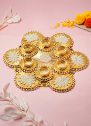 Madhoor Pearl Lotus Tealight Holder Gold-Tone 15 Inches