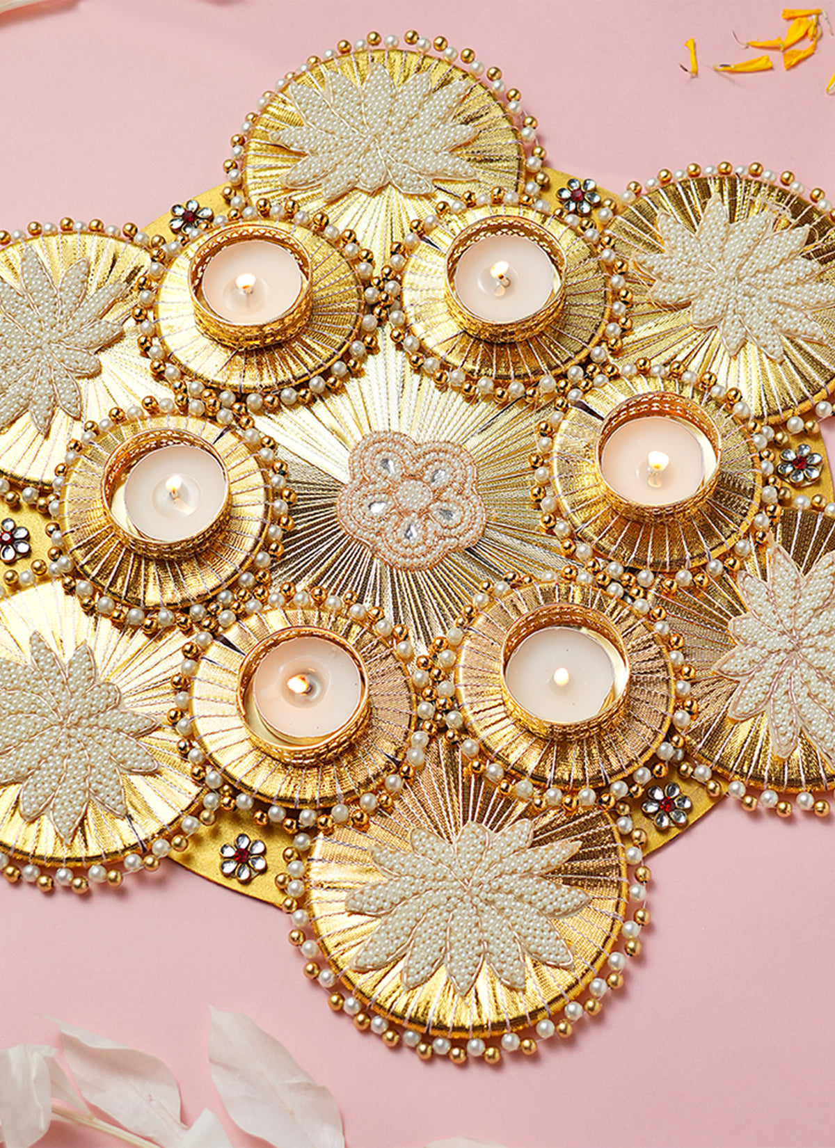 Madhoor Pearl Lotus Tealight Holder Gold-Tone 15 Inches