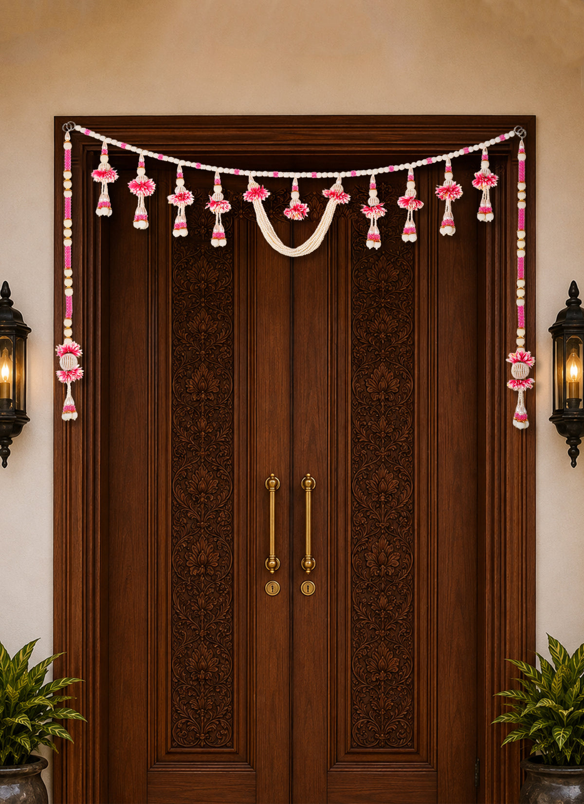 Madhoor Pearl Tassel Toran White Pink 3 Feet
