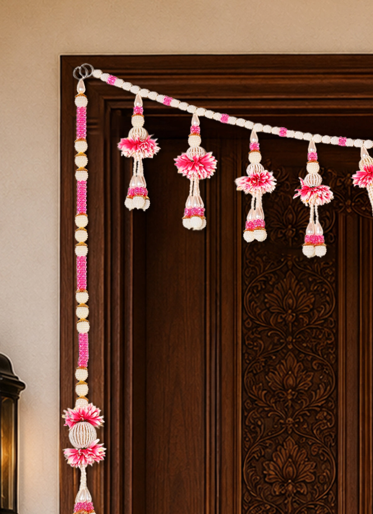 Madhoor Pearl Tassel Toran White Pink 3 Feet