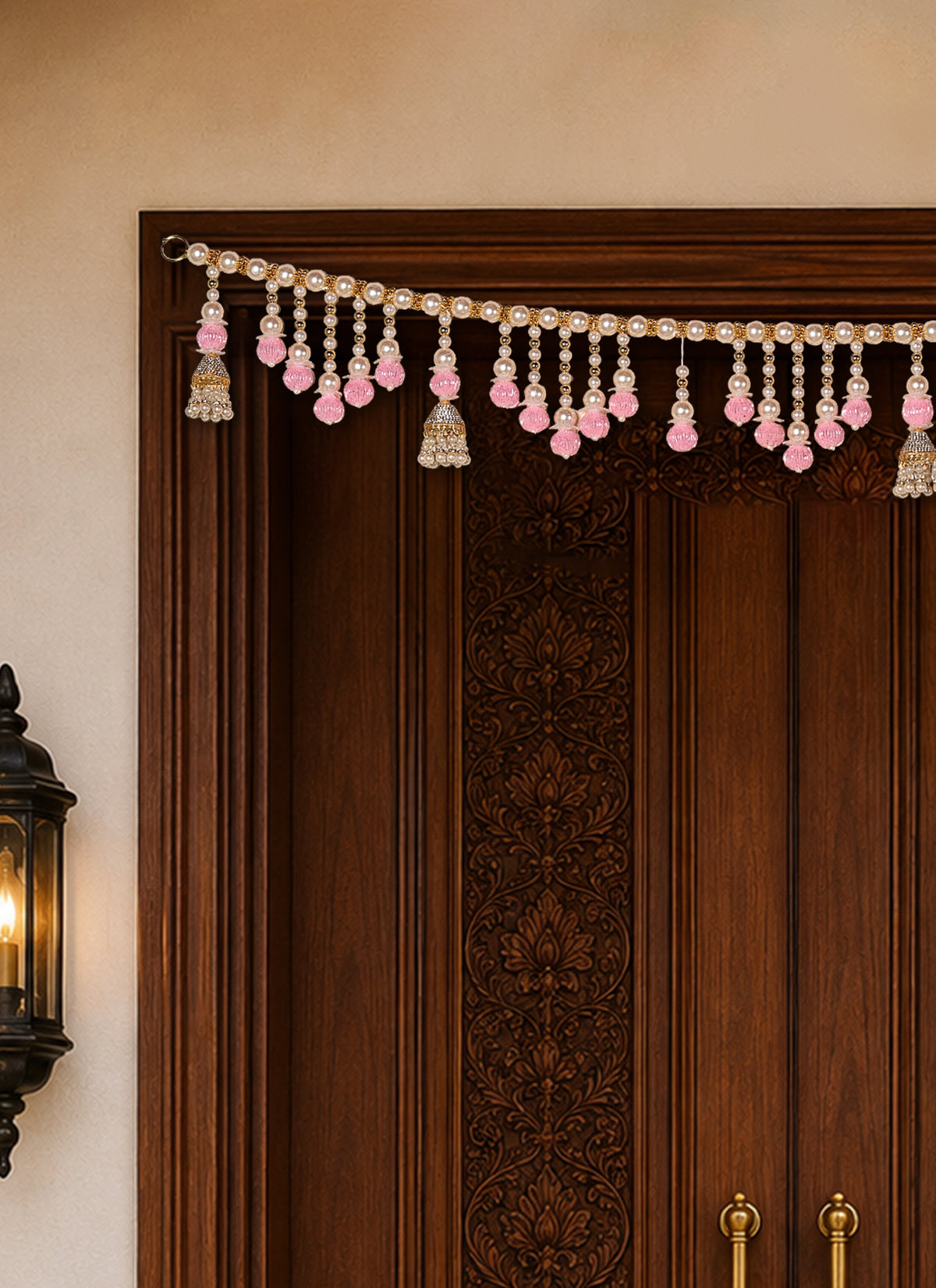 Madhoor Bead Tassel Toran White Pink 1 Piece