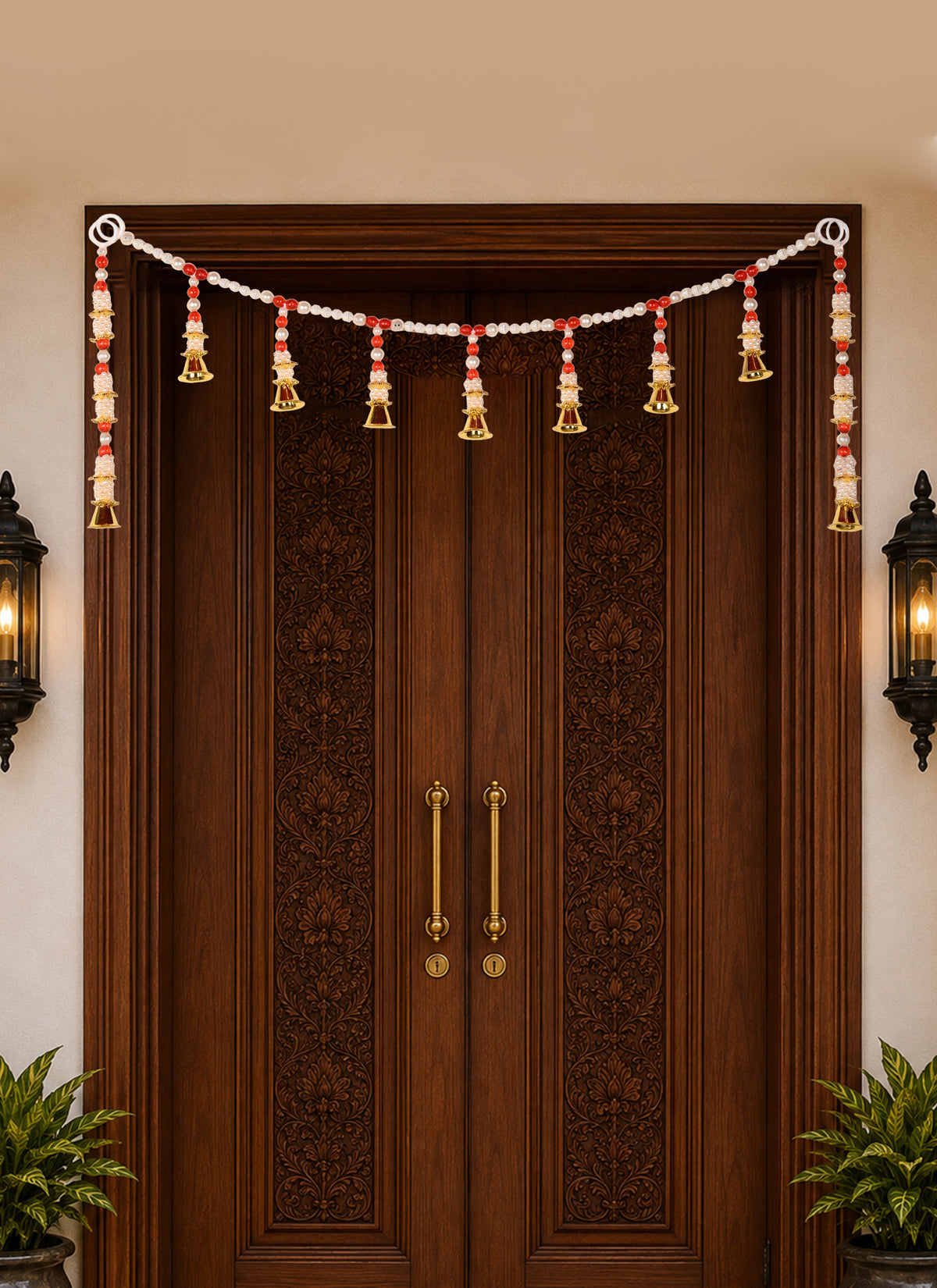 Madhoor Pearl Tassel Mandir Toran Gold-Tone Red 18 Inches