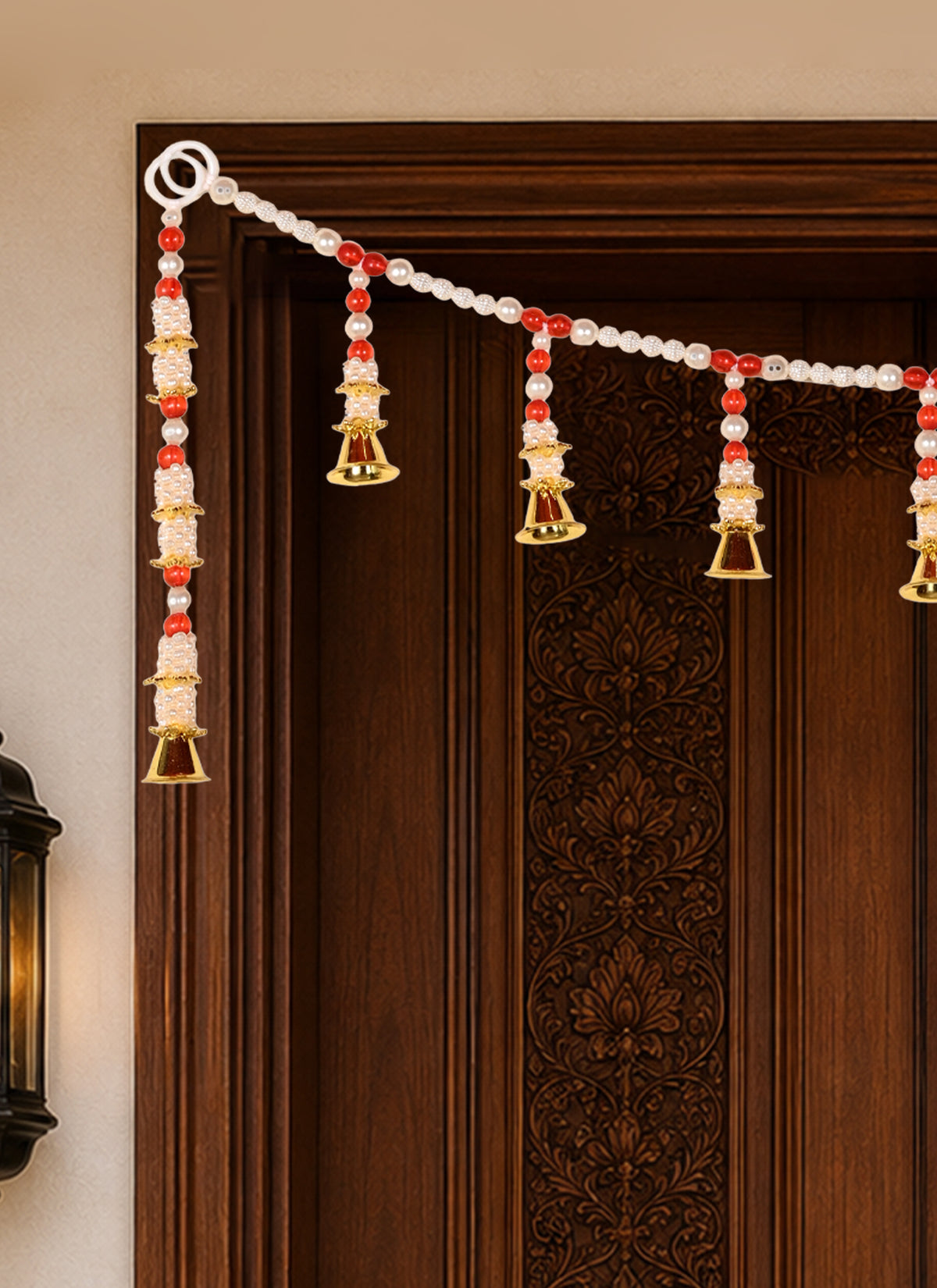 Madhoor Pearl Tassel Mandir Toran Gold-Tone Red 18 Inches