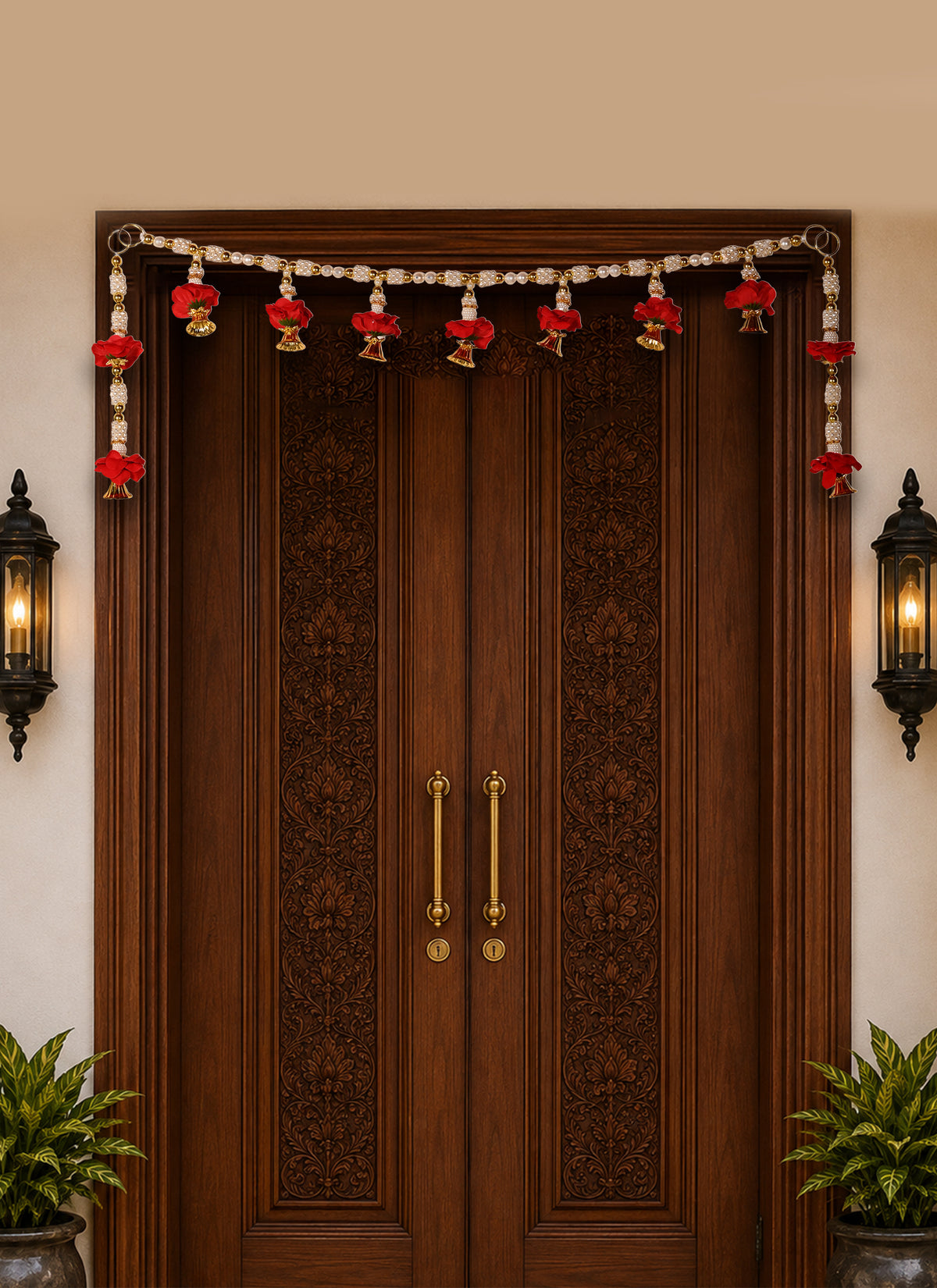 Madhoor Pearl Strand Mandir Toran Gold-Tone Red 20 Inches