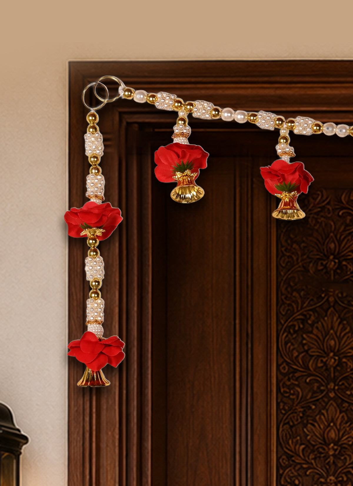 Madhoor Pearl Strand Mandir Toran Gold-Tone Red 20 Inches