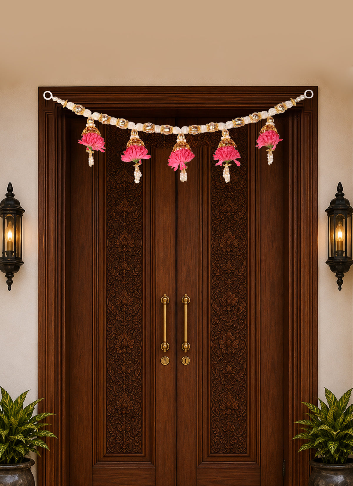 Madhoor Jhumka Mandir Toran Gold-Tone Rani Pink 20 Inches