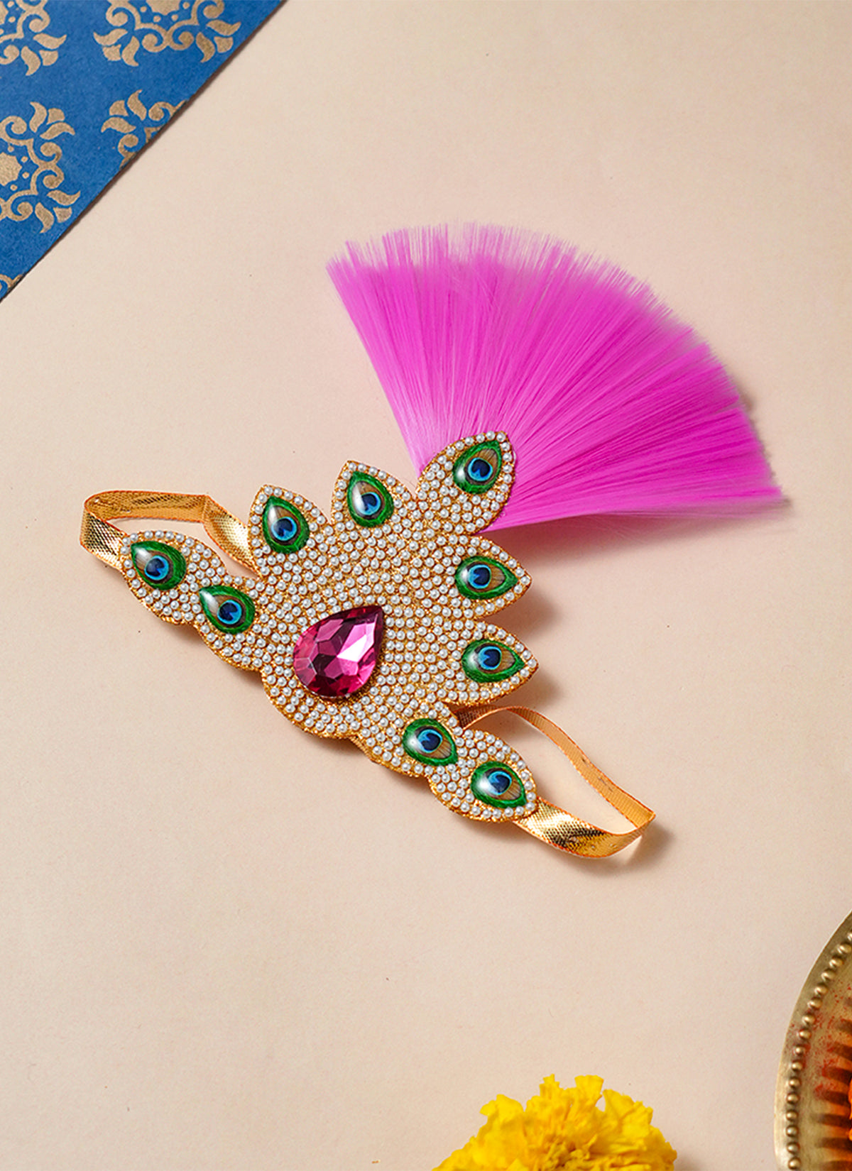 Madhoor Kalangi Feather Deity Idol Mukut Gold-Tone Pink 4 Inches 1 Piece