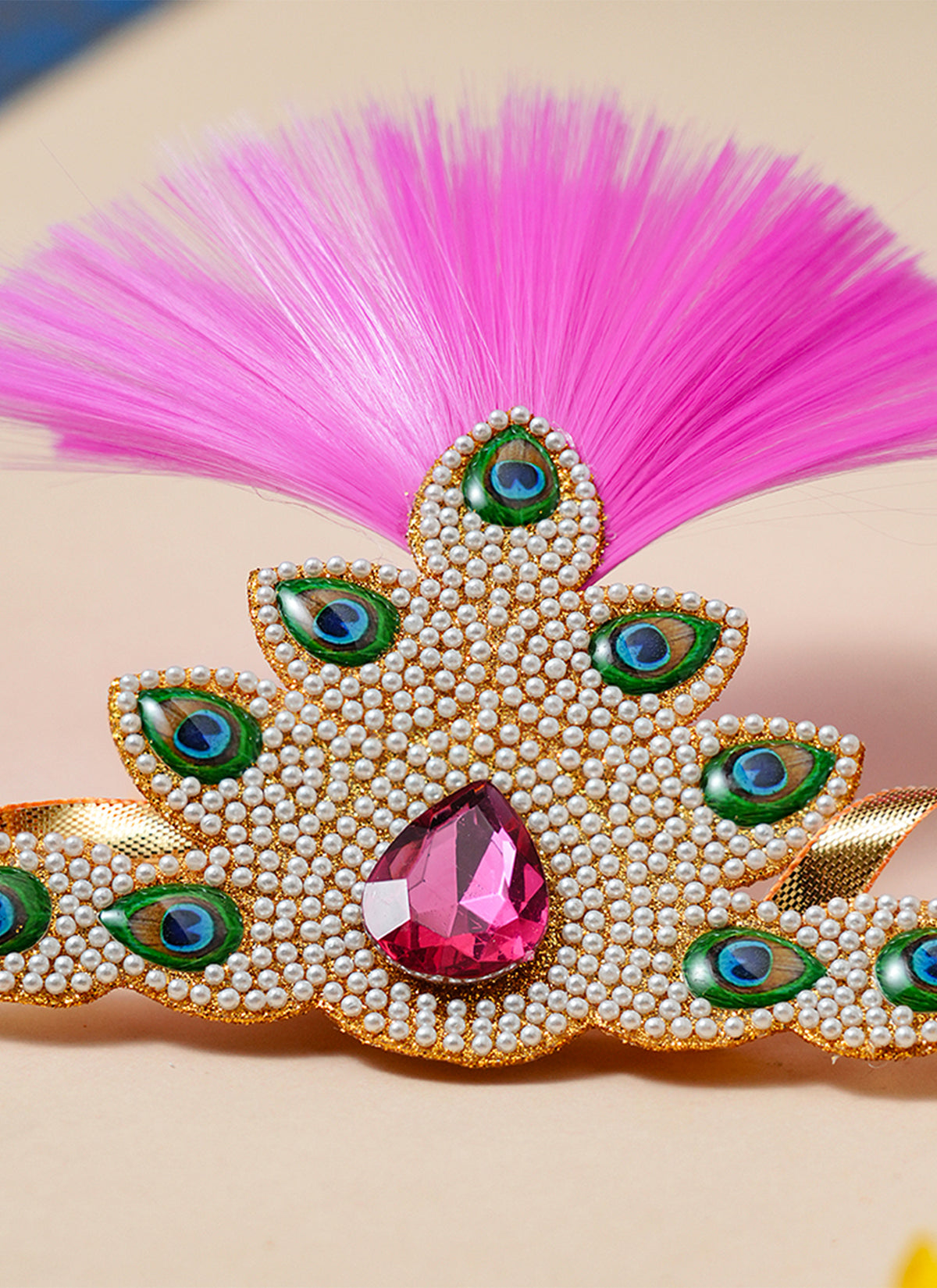 Madhoor Kalangi Feather Deity Idol Mukut Gold-Tone Pink 4 Inches 1 Piece