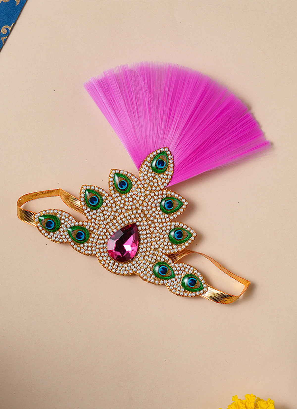 Madhoor Kalangi Feather Deity Idol Mukut Gold-Tone Pink 4 Inches 1 Piece