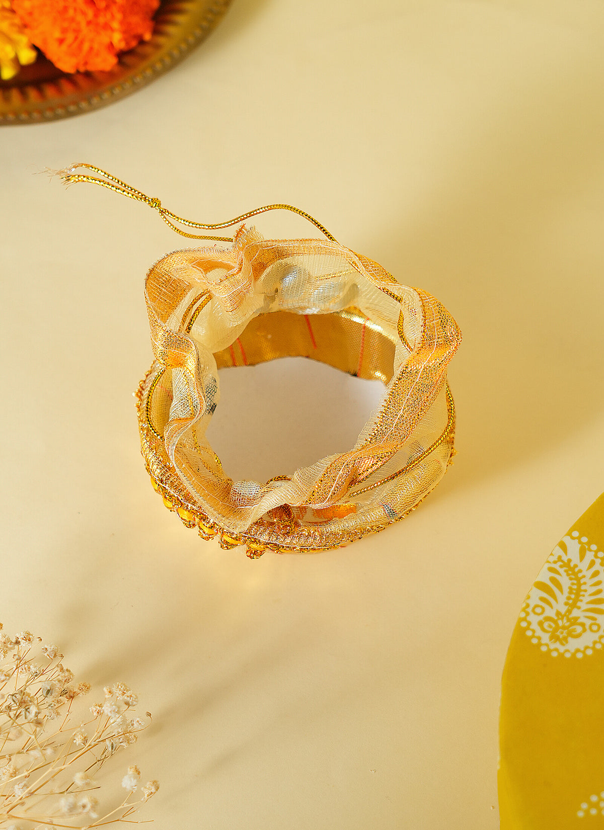 Madhoor Net Lid Gift Basket Gold-Tone 3 Inches 1 Piece