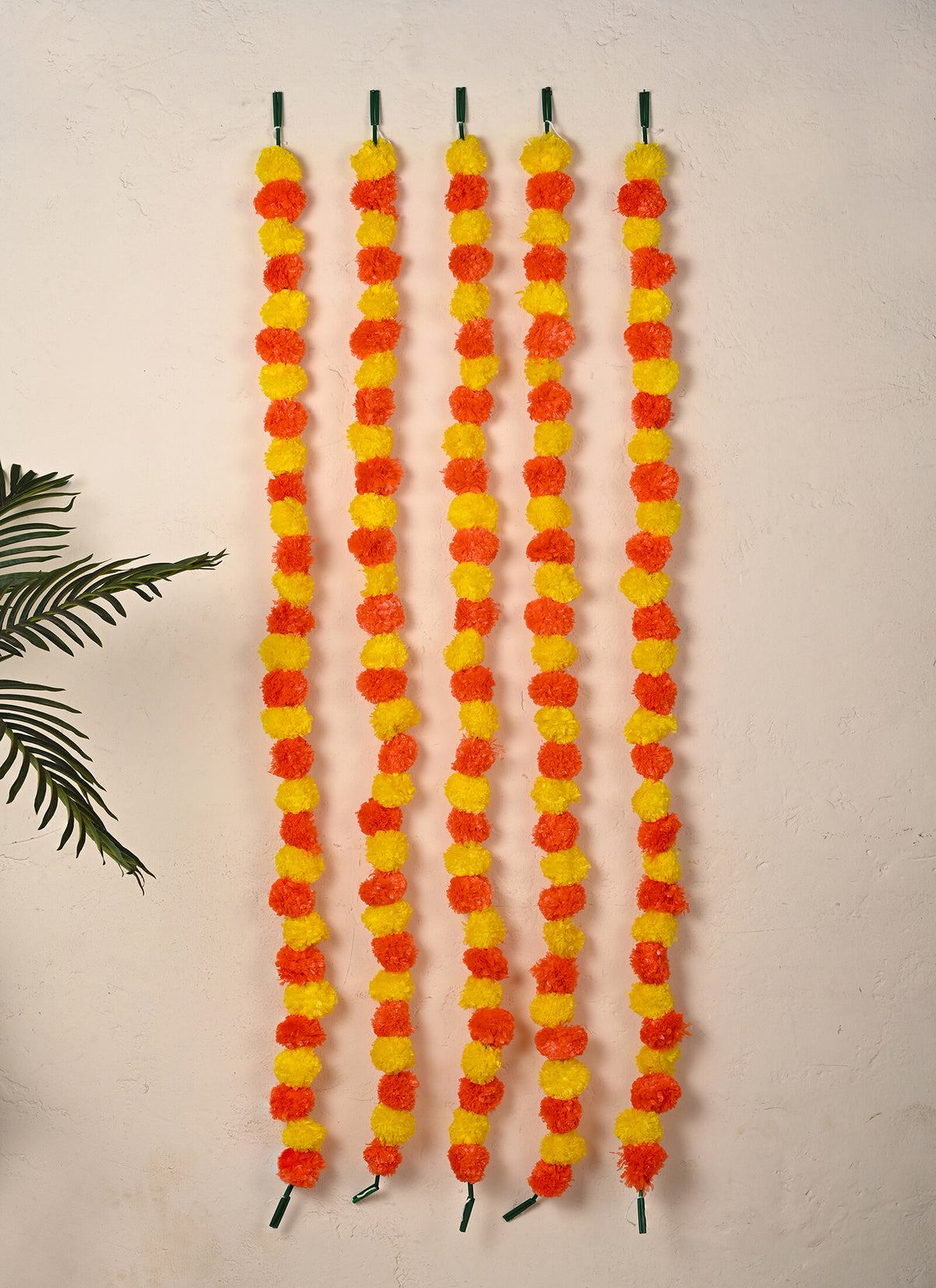 Madhoor Flower Pompom Marigold Latkan Yellow Orange 4.5 Feet Set of 5