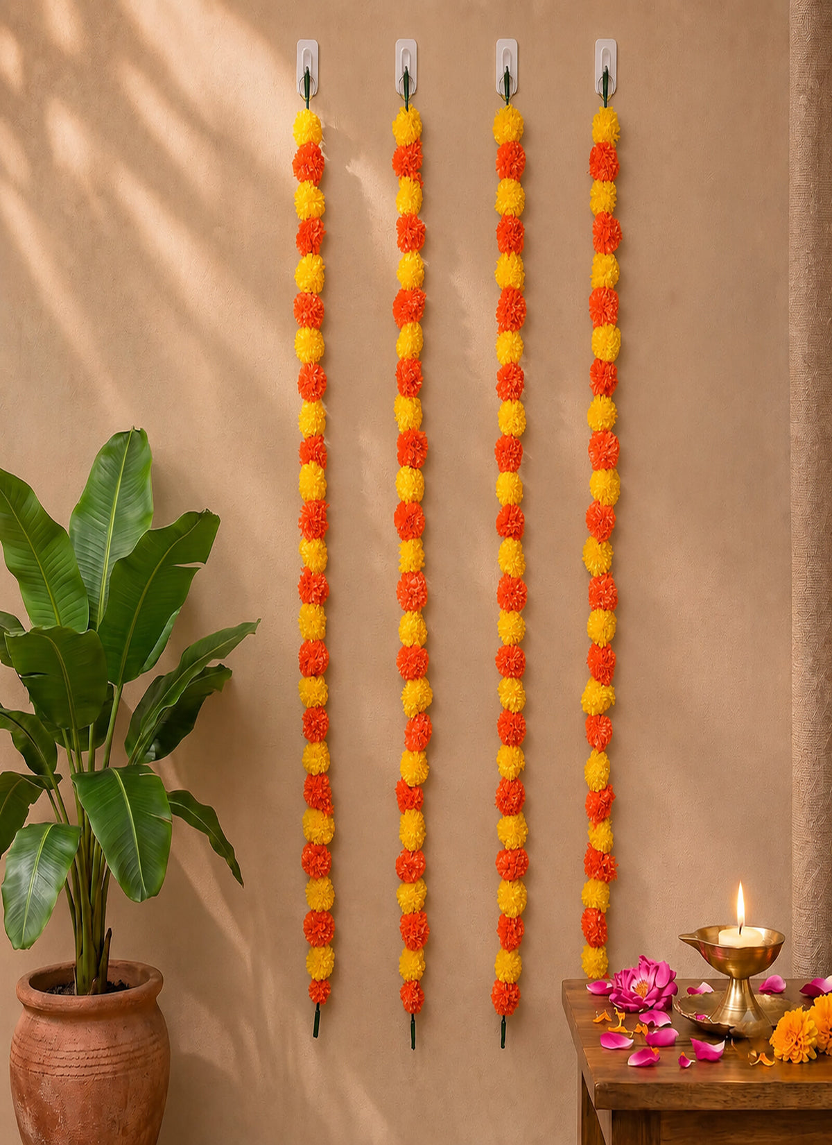 Madhoor Flower Pompom Marigold Latkan Yellow Orange 4.5 Feet Set of 5