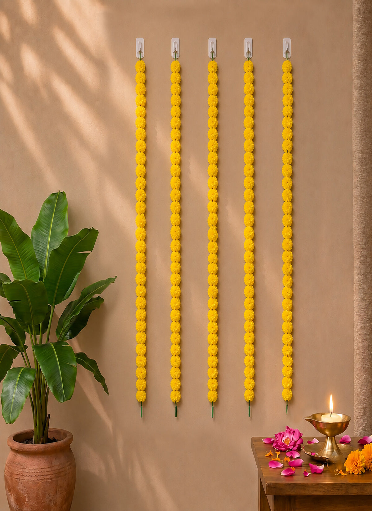 Madhoor Flower Pompom Marigold Latkan Yellow 4.5 Feet Set of 5