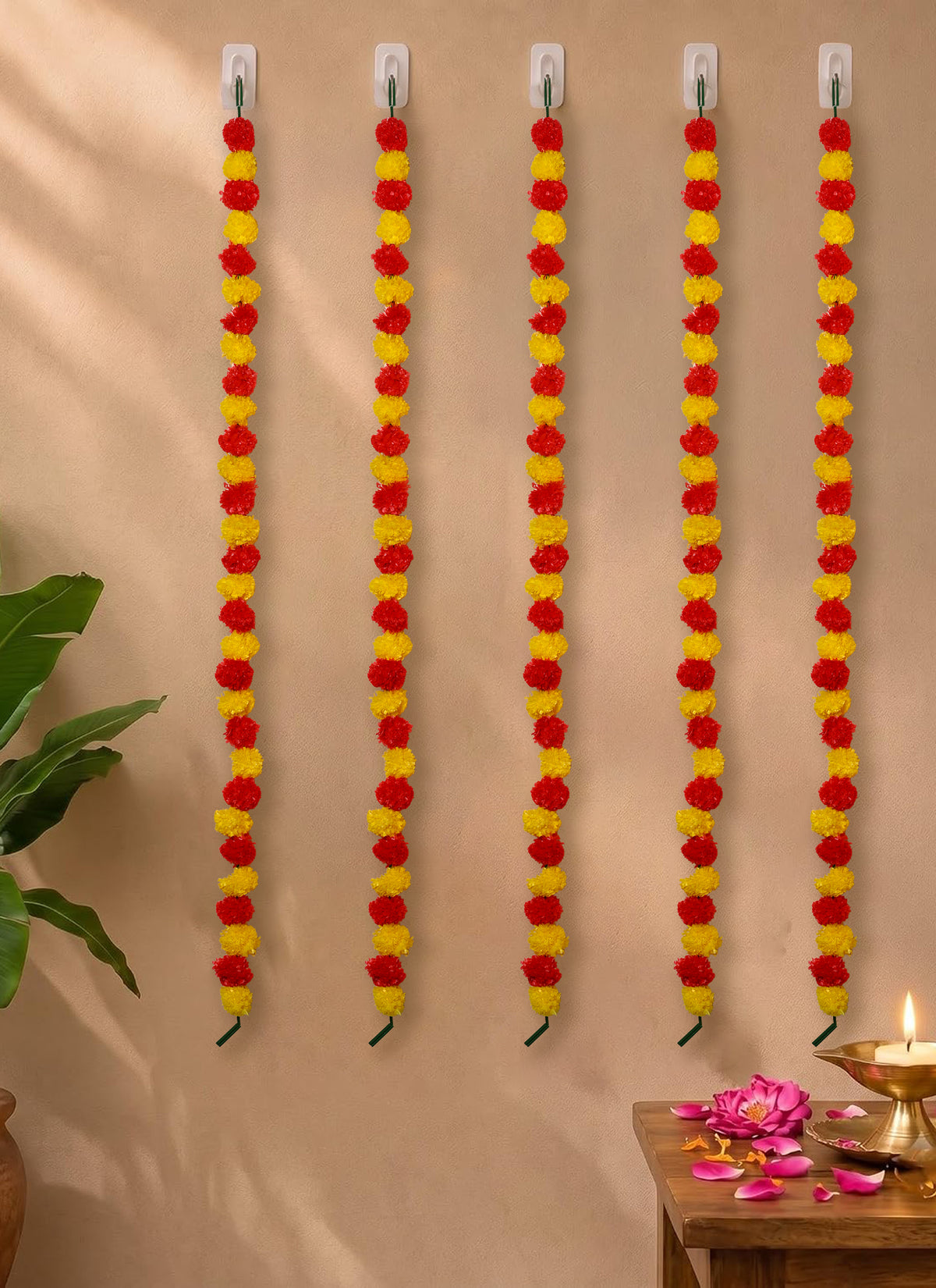 Madhoor Flower Pompom Marigold Latkan Red Yellow 4.5 Feet Set of 5