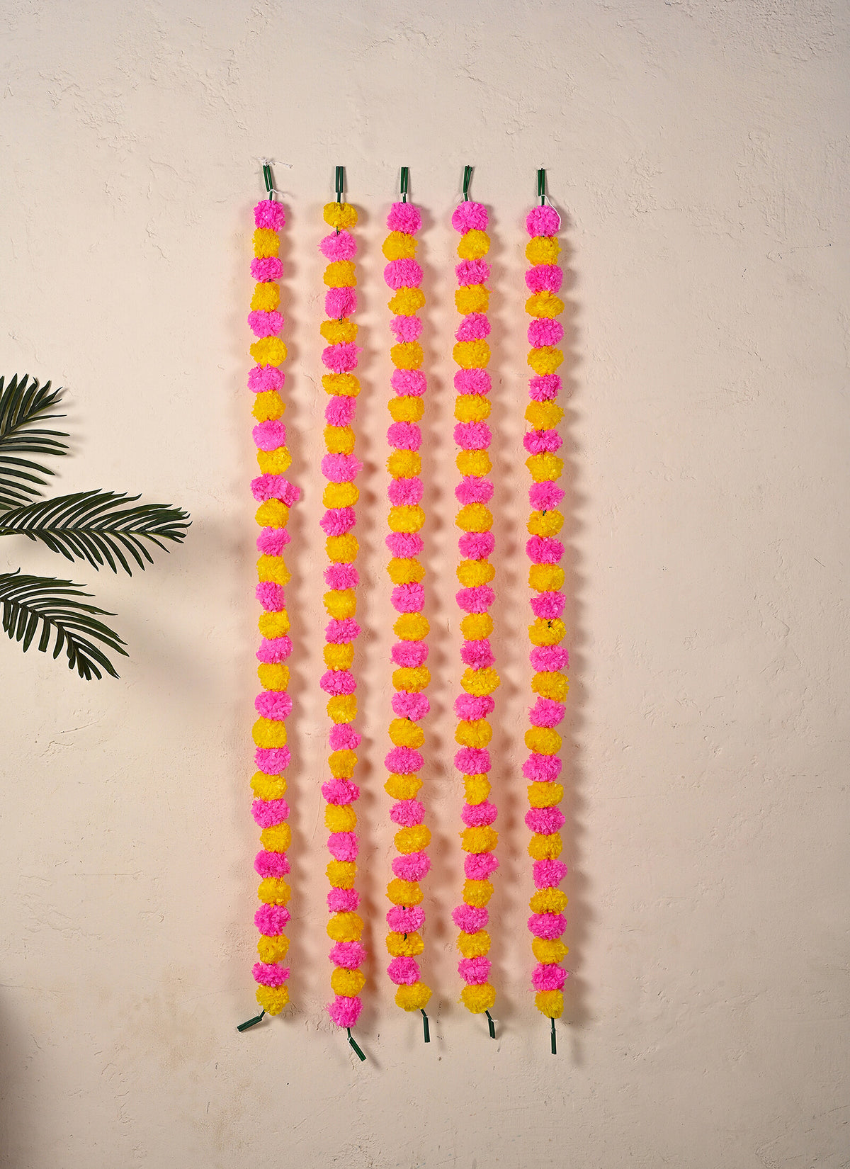 Madhoor Flower Pompom Marigold Latkan Pink Yellow 4.5 Feet Set of 5