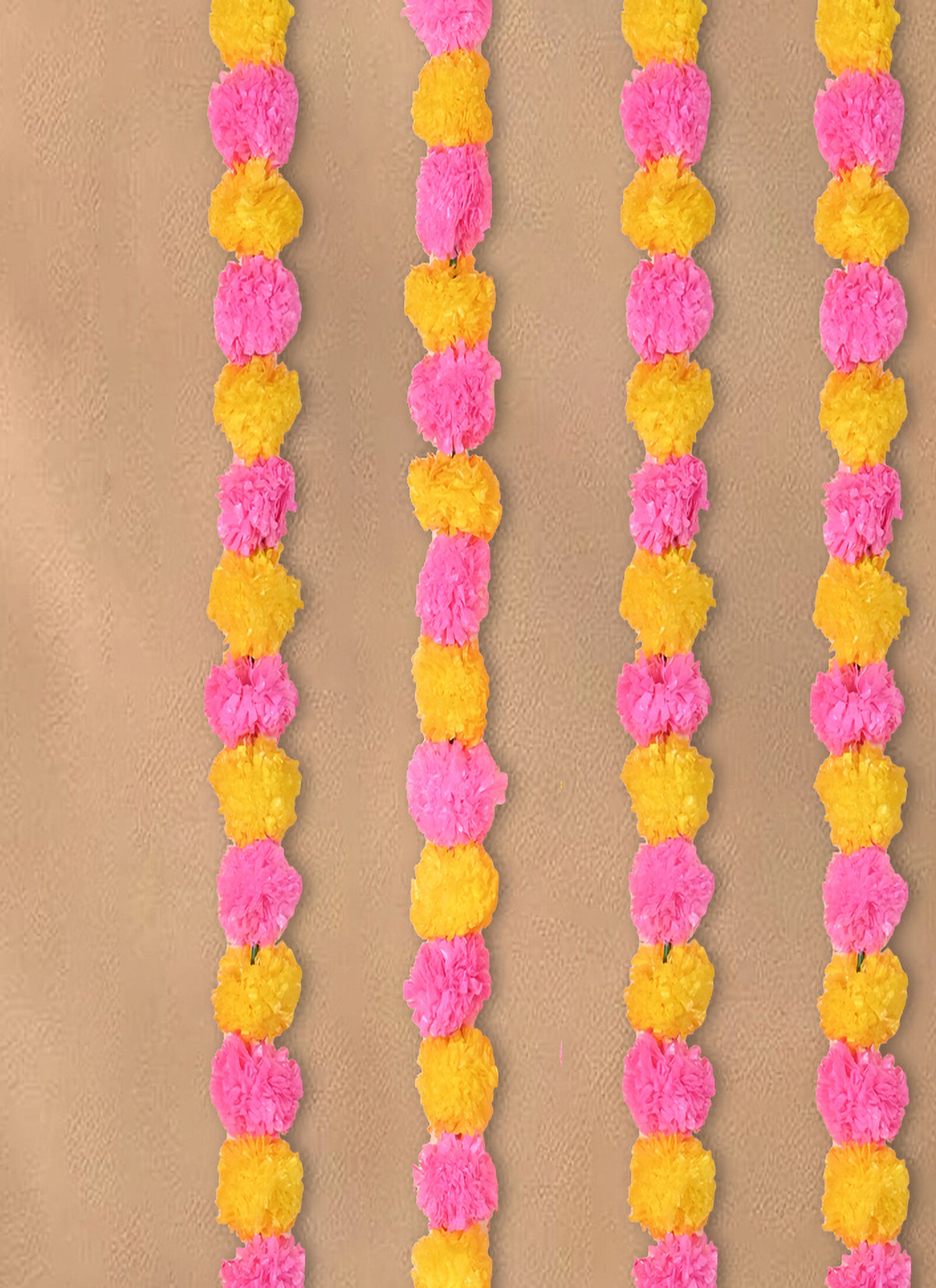 Madhoor Flower Pompom Marigold Latkan Pink Yellow 4.5 Feet Set of 5