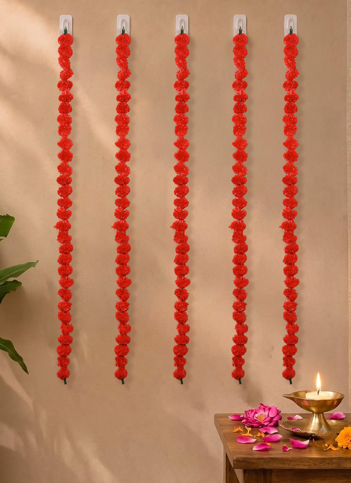 Madhoor Flower Pompom Marigold Latkan Red 4.5 Feet Set of 5