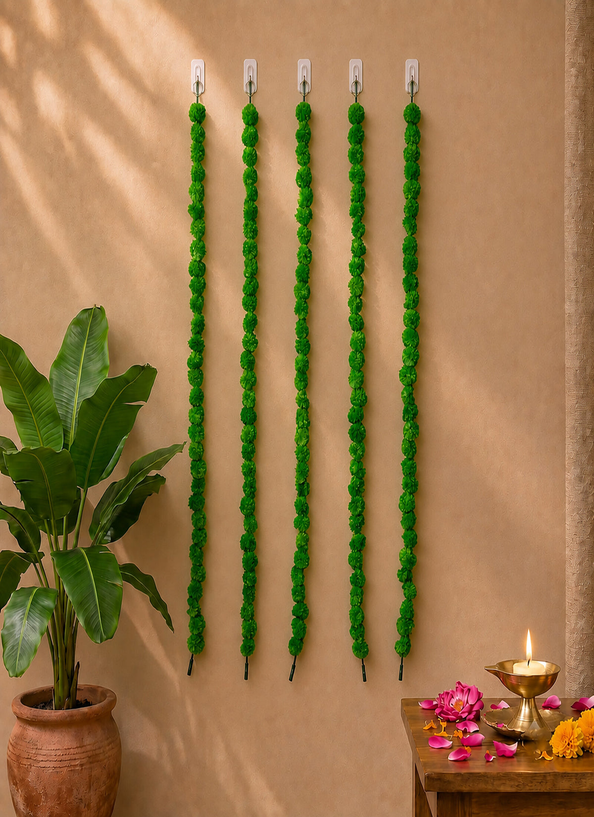 Madhoor Flower Pompom Marigold Latkan Green 4.5 Feet Set of 5