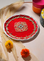 Madhoor Zari Pooja Thali Red 11 Inches 1 Piece