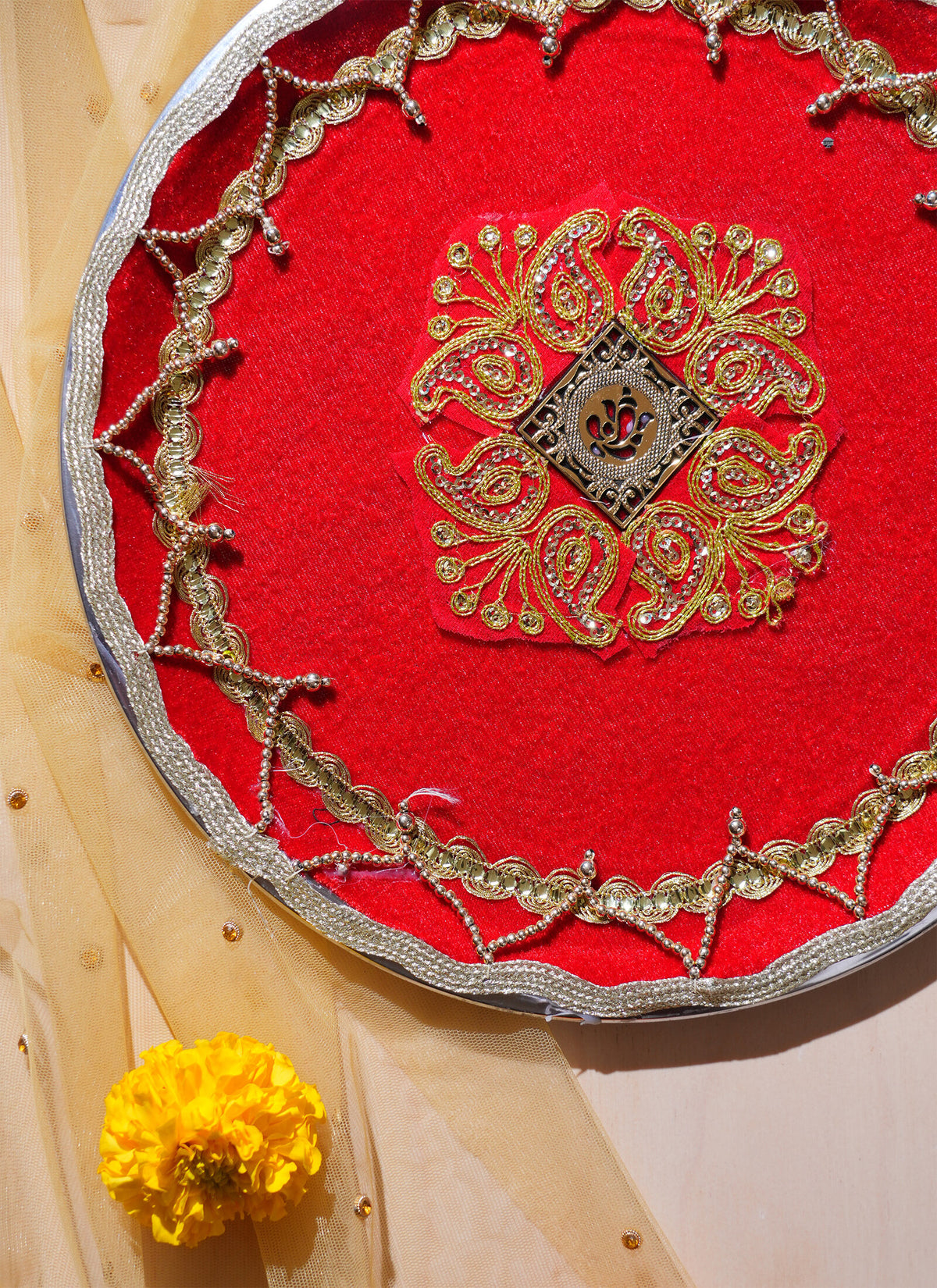 Madhoor Zari Pooja Thali Red 11 Inches 1 Piece