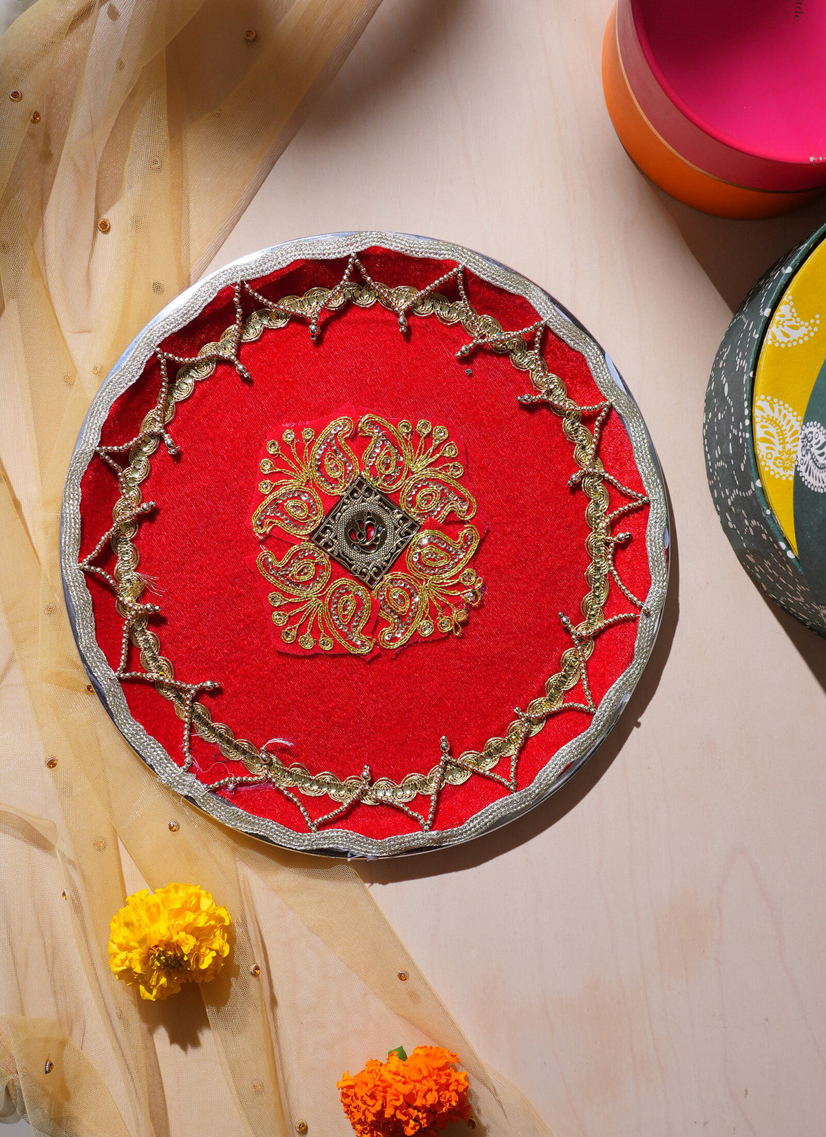 Madhoor Zari Pooja Thali Red 11 Inches 1 Piece