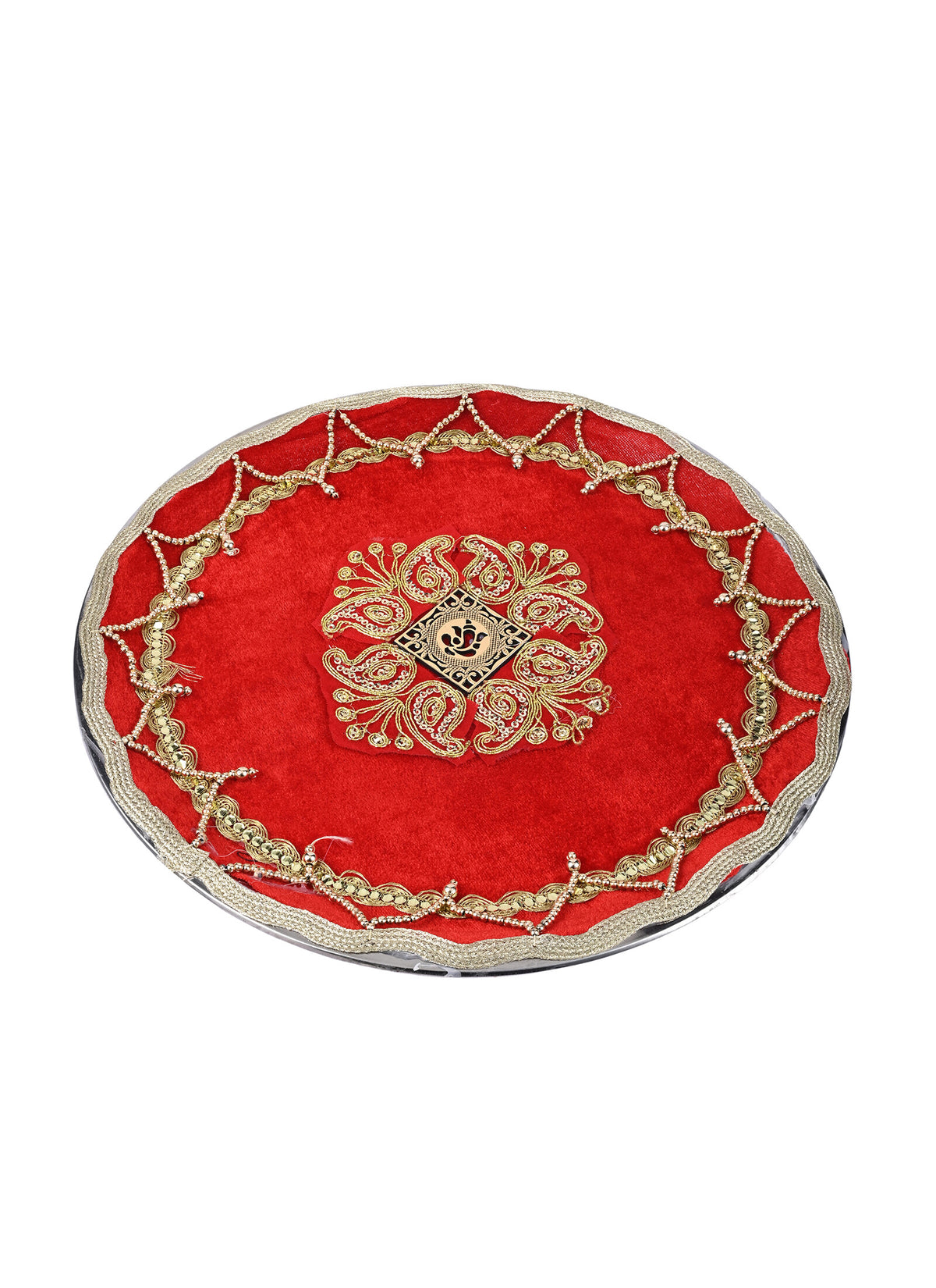 Madhoor Zari Pooja Thali Red 11 Inches 1 Piece