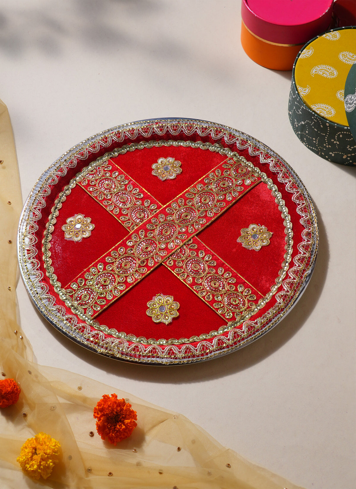 Madhoor Zari Pooja Thali Red 17 Inches 1 Piece