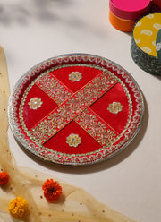 Madhoor Zari Pooja Thali Red 17 Inches 1 Piece