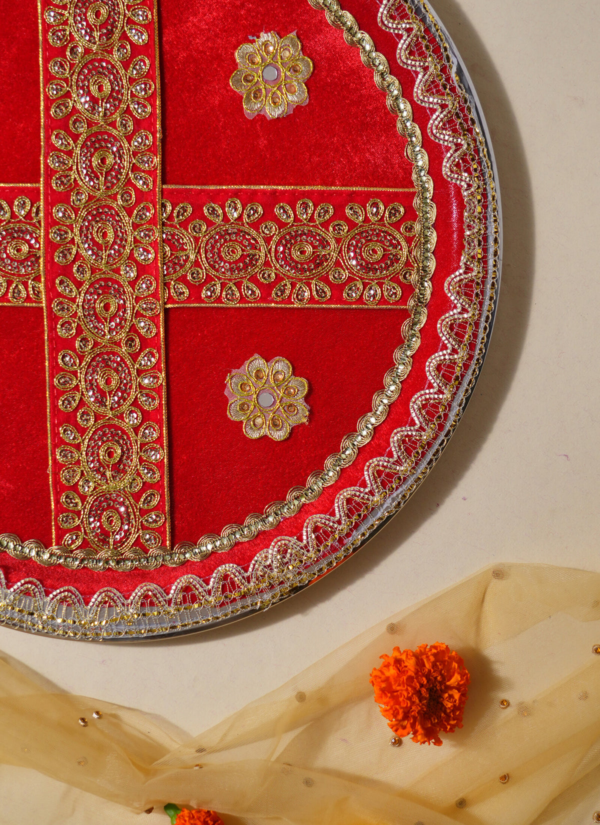Madhoor Zari Pooja Thali Red 17 Inches 1 Piece