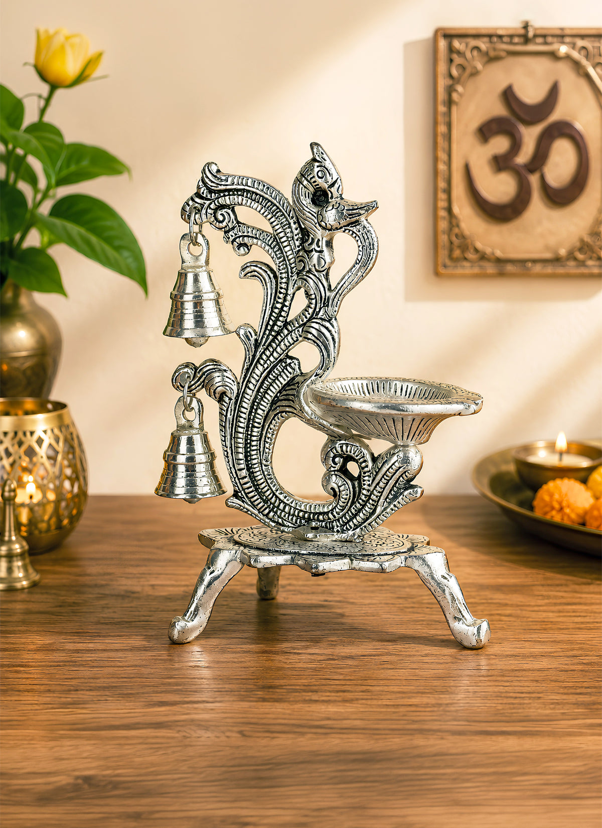 Madhoor Steel Peacock Diya Silver-Tone 1 Piece