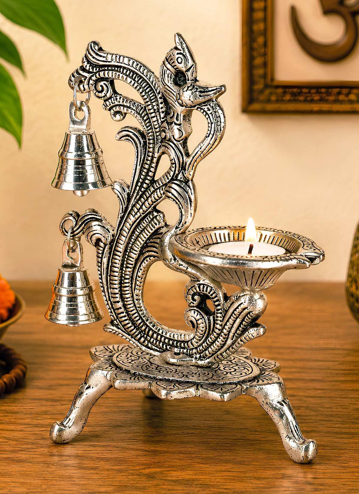 Madhoor Steel Peacock Diya Silver-Tone 1 Piece