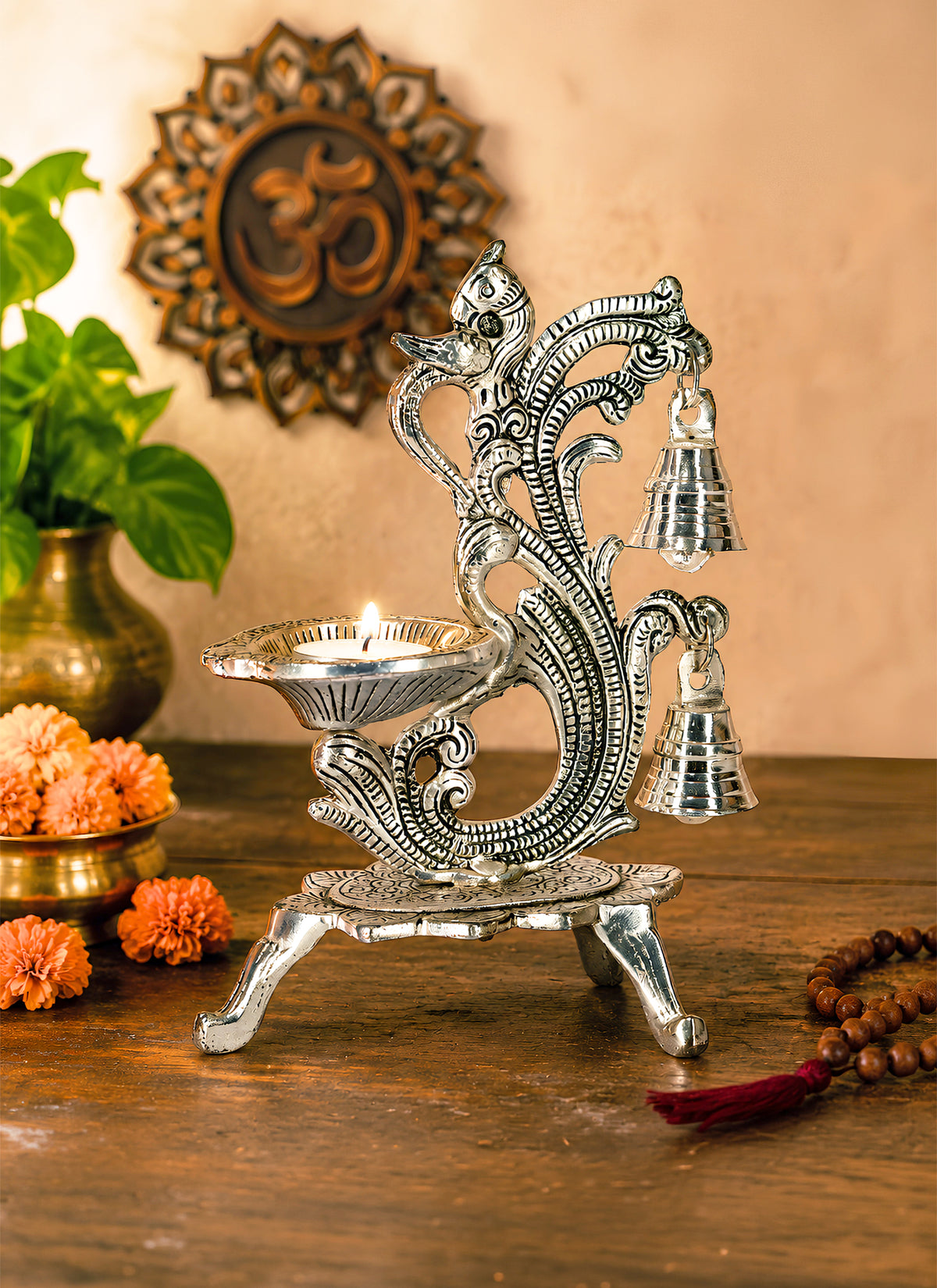 Madhoor Steel Peacock Diya Silver-Tone 1 Piece