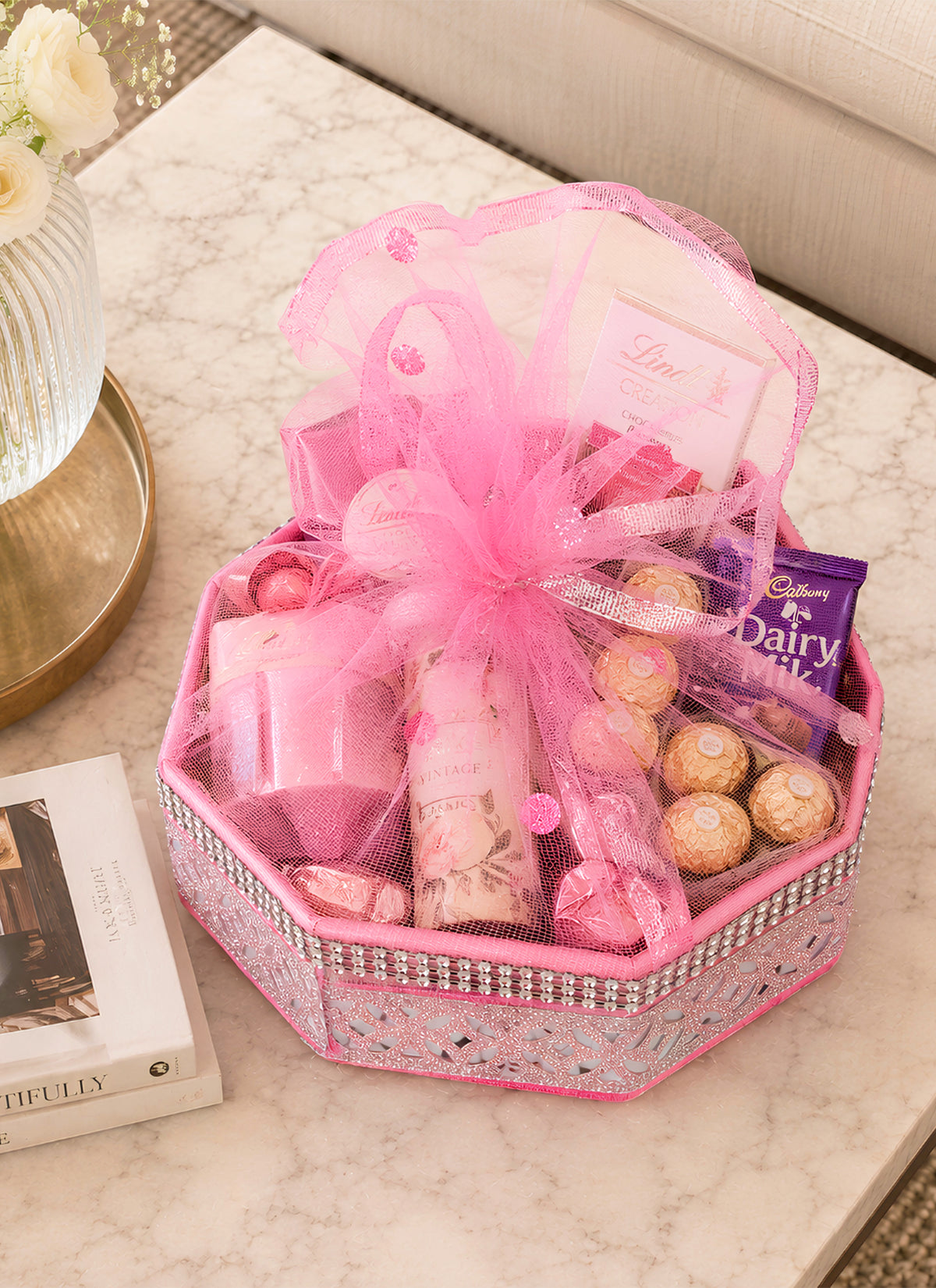 Madhoor Octagon Gift Basket Pink 15 Inches 1 Piece