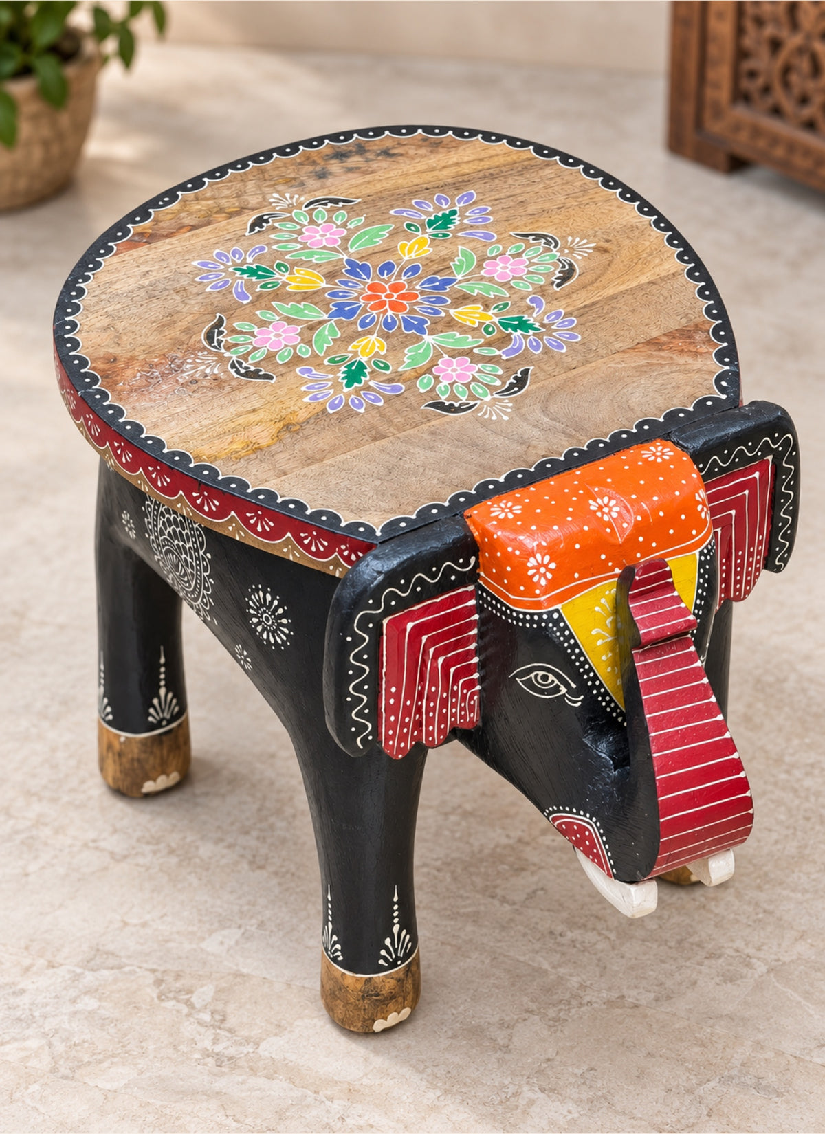Madhoor Elephant Mandala Stool Multicolour 20 x 14.5 x 14.5 Inches 1 Piece