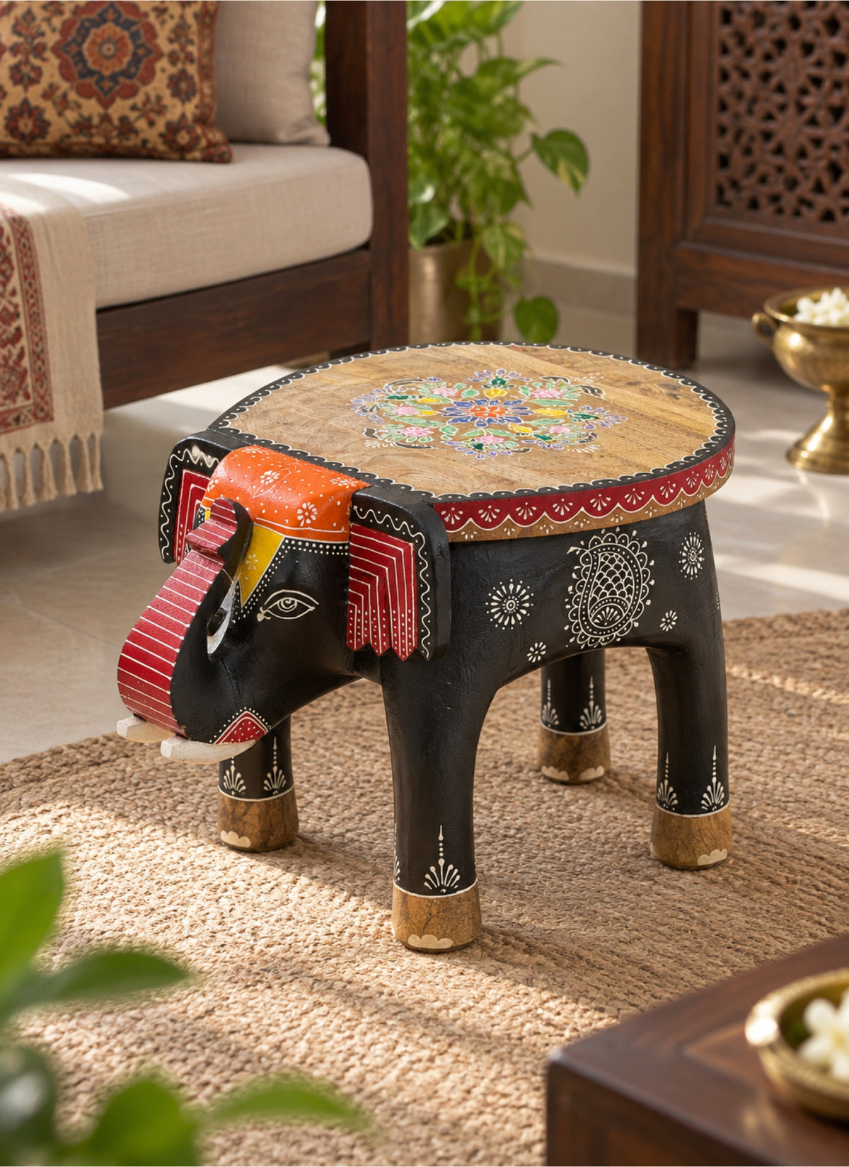 Madhoor Elephant Mandala Stool Multicolour 20 x 14.5 x 14.5 Inches 1 Piece