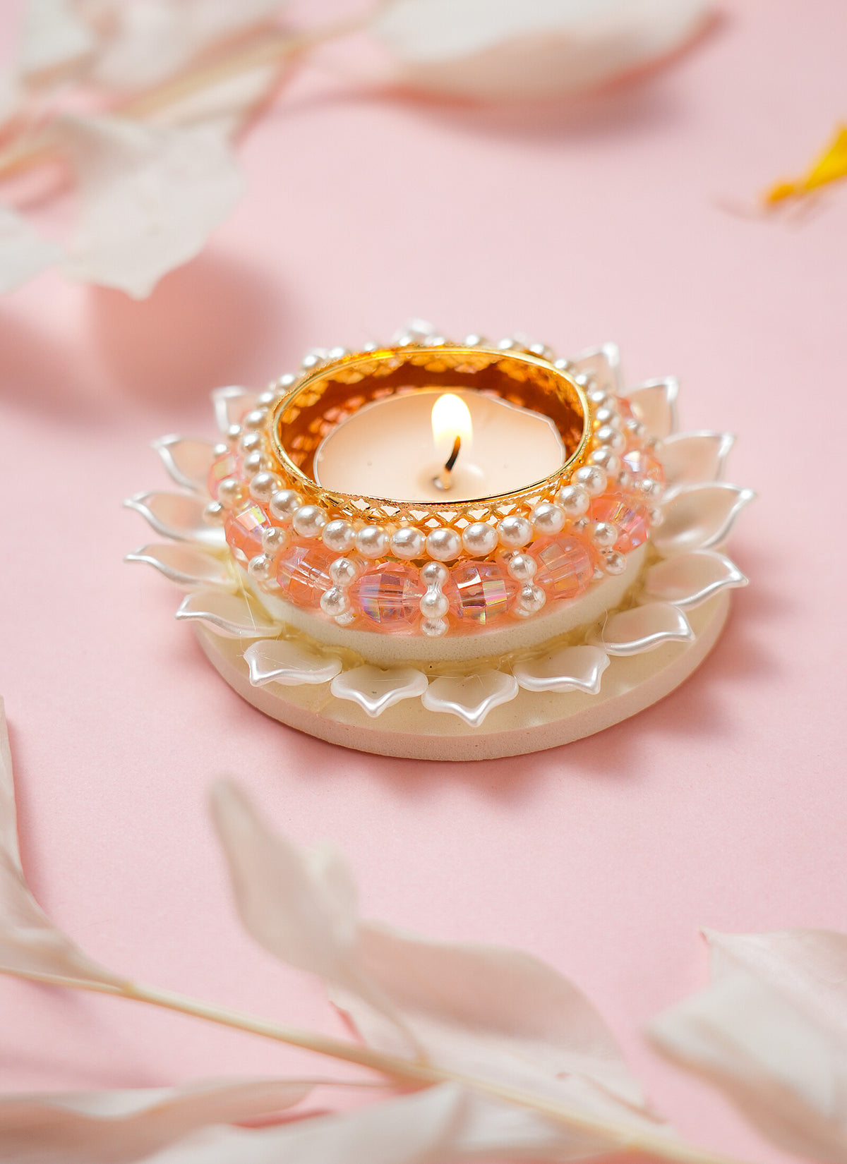 Madhoor Pearl Crystal Tealight Holder White Peach 1 Piece