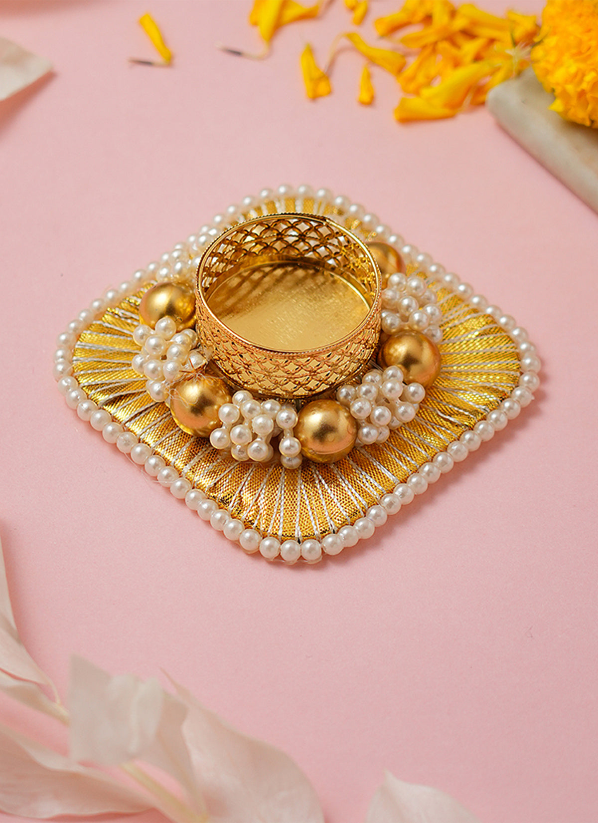 Madhoor Pearl Tealight Holder Gold-Tone 4 Inches 1 Piece