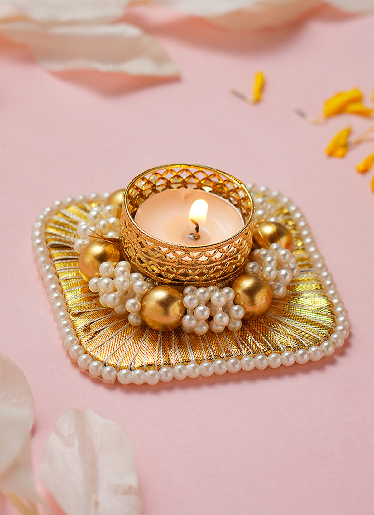 Madhoor Pearl Tealight Holder Gold-Tone 4 Inches 1 Piece