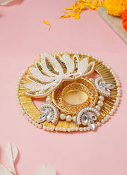 Madhoor Pearl Lotus Tealight Holder Gold-Tone White 6 Inches 1 Piece