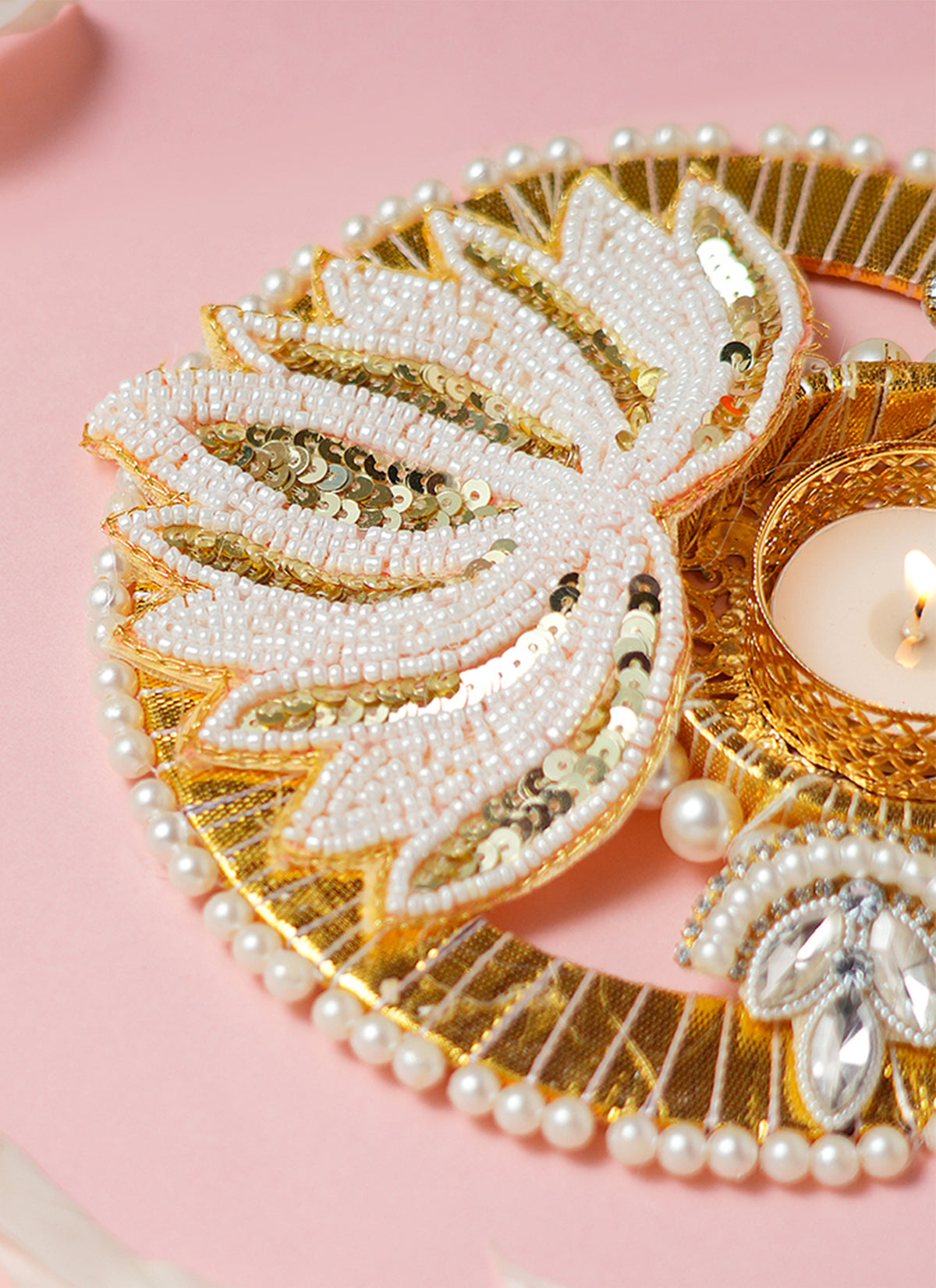 Madhoor Pearl Lotus Tealight Holder Gold-Tone White 6 Inches 1 Piece