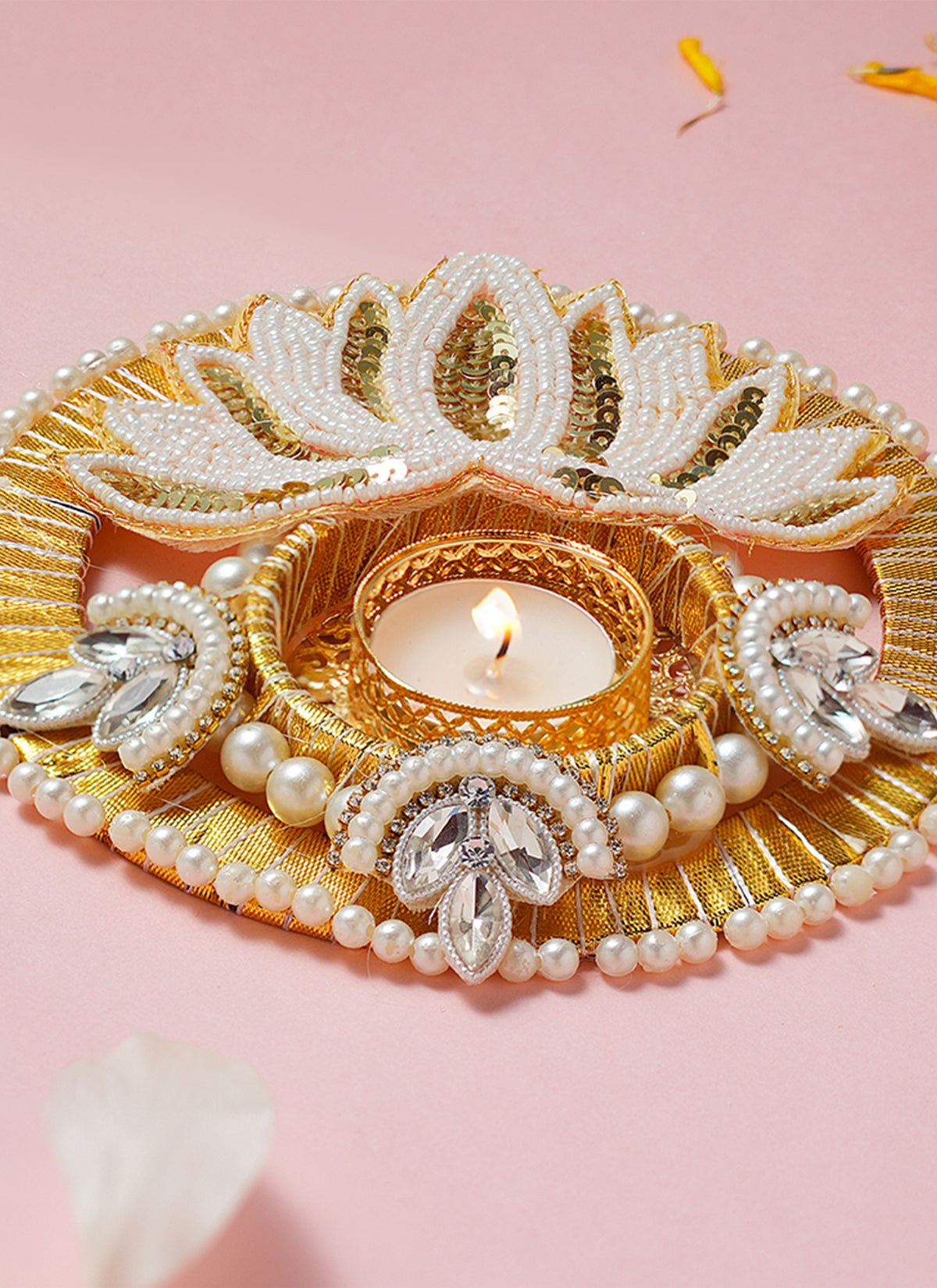 Madhoor Pearl Lotus Tealight Holder Gold-Tone White 6 Inches 1 Piece