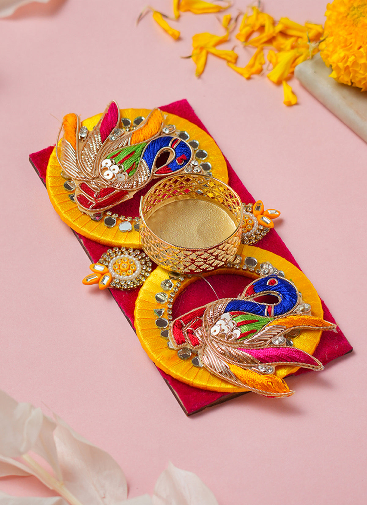 Madhoor Peacock 3 X 6 Tealight Holder Yellow Blue Red 1 Piece