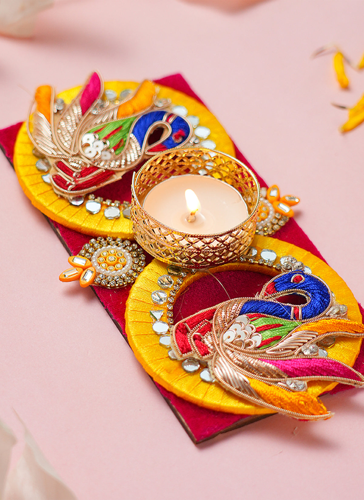 Madhoor Peacock 3 X 6 Tealight Holder Yellow Blue Red 1 Piece