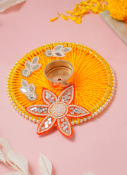 Madhoor Mirror Flower Tealight Holder Yellow Orange 6 Inches 1 Piece