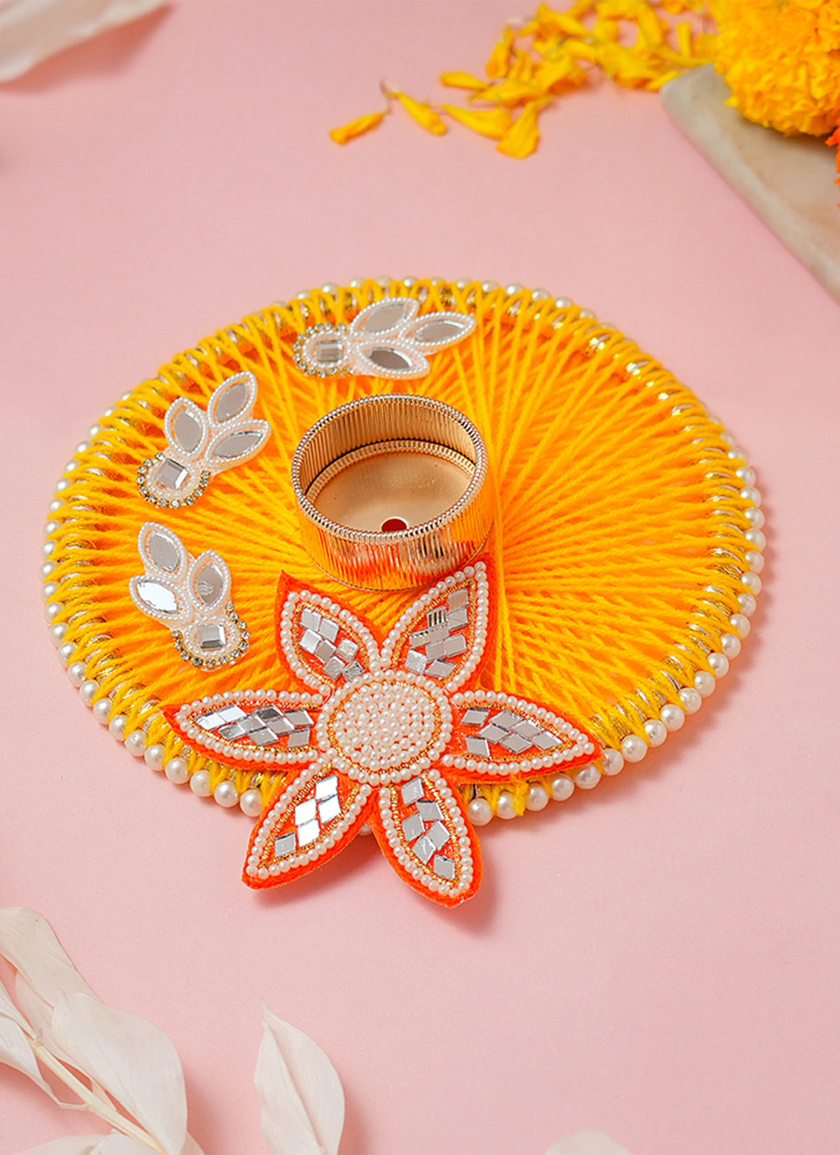 Madhoor Mirror Flower Tealight Holder Yellow Orange 6 Inches 1 Piece