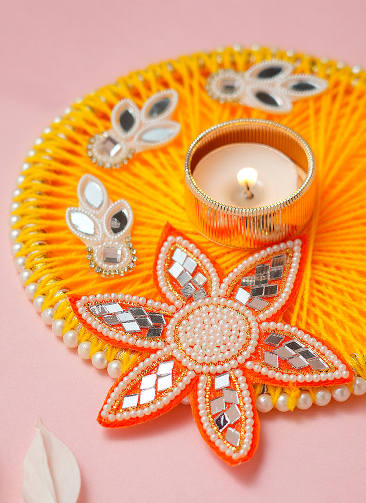 Madhoor Mirror Flower Tealight Holder Yellow Orange 6 Inches 1 Piece