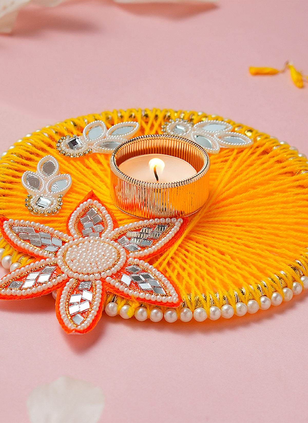 Madhoor Mirror Flower Tealight Holder Yellow Orange 6 Inches 1 Piece
